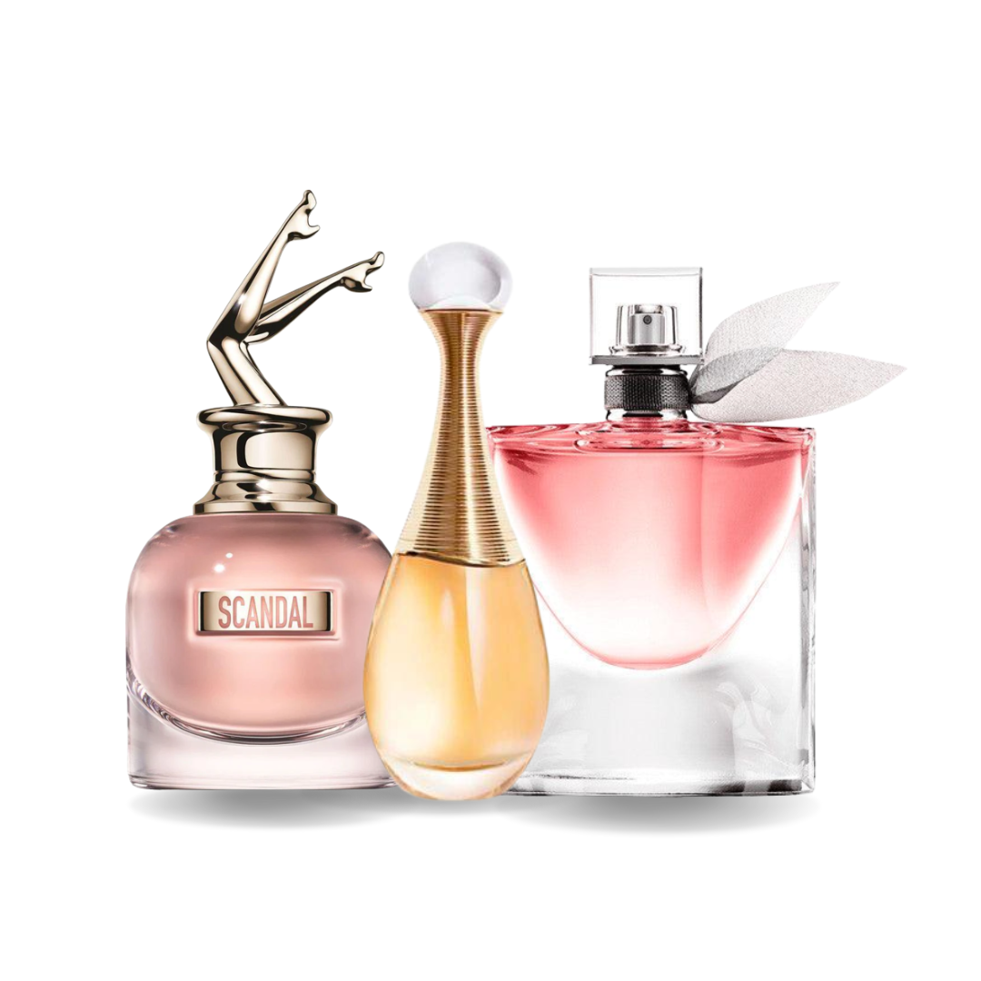 Paquete de 3 perfumes: Jean Paul Gaultier SCANDAL, Dior J'ADORE, Lancôme LA VIE EST BELLE (Eau de Parfum)
